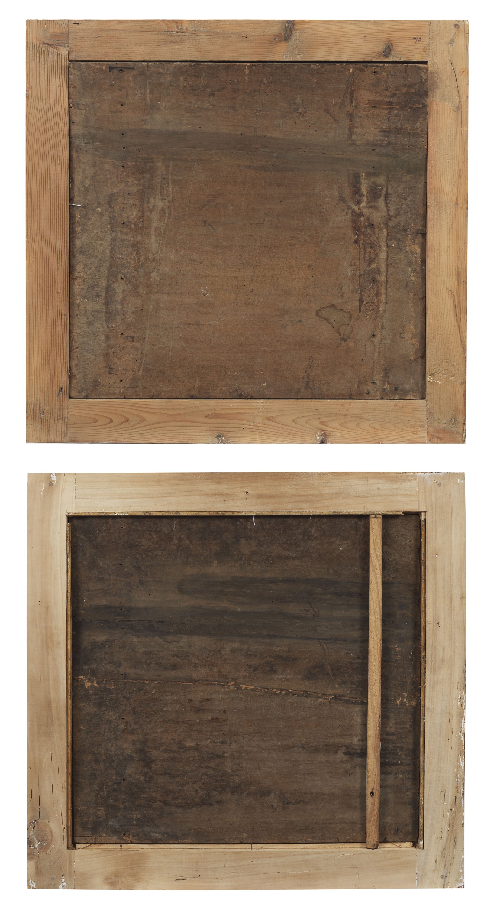 "Allegorie mitologiche", coppia di dipinti ad olio su tela in cornici in legno dorato e patinato