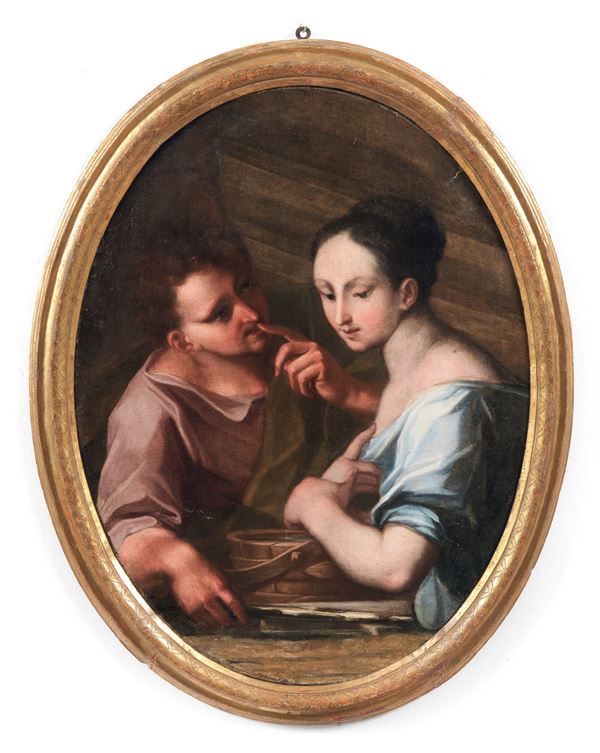 Scuola Bolognese Fine XVII Secolo - &quot;Eliezer and Rebecca at the Well&quot;, oil painting on oval canvas, in gilded wooden frame