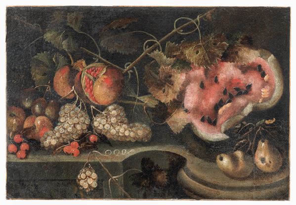 Scuola Romana Fine XVII - Inizio XVIII Secolo - &quot;Still Life of Fruit and Watermelon&quot;, oil painting on canvas