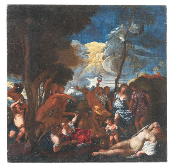Scuola Italiana Inizio XVIII Secolo - "Allegoria mitologica con baccanale", dipinto ad olio su tela