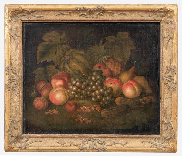 Scuola Napoletana Fine XVII - Inizio XVIII Secolo - Natura morta di frutta e ortaggi", piccolo dipinto ad olio su tela in cornice in legno dorato e intagliato