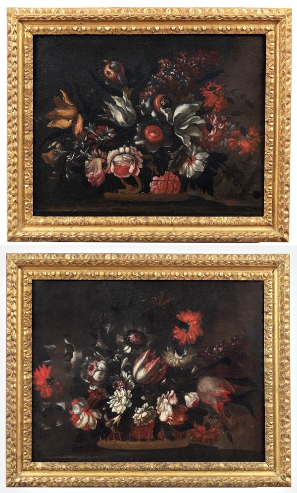 Andrea Scacciati - Bottega di. &quot;Still Lifes of Flowers&quot;, pair of oil paintings on canvas in gilded and carved wooden frames