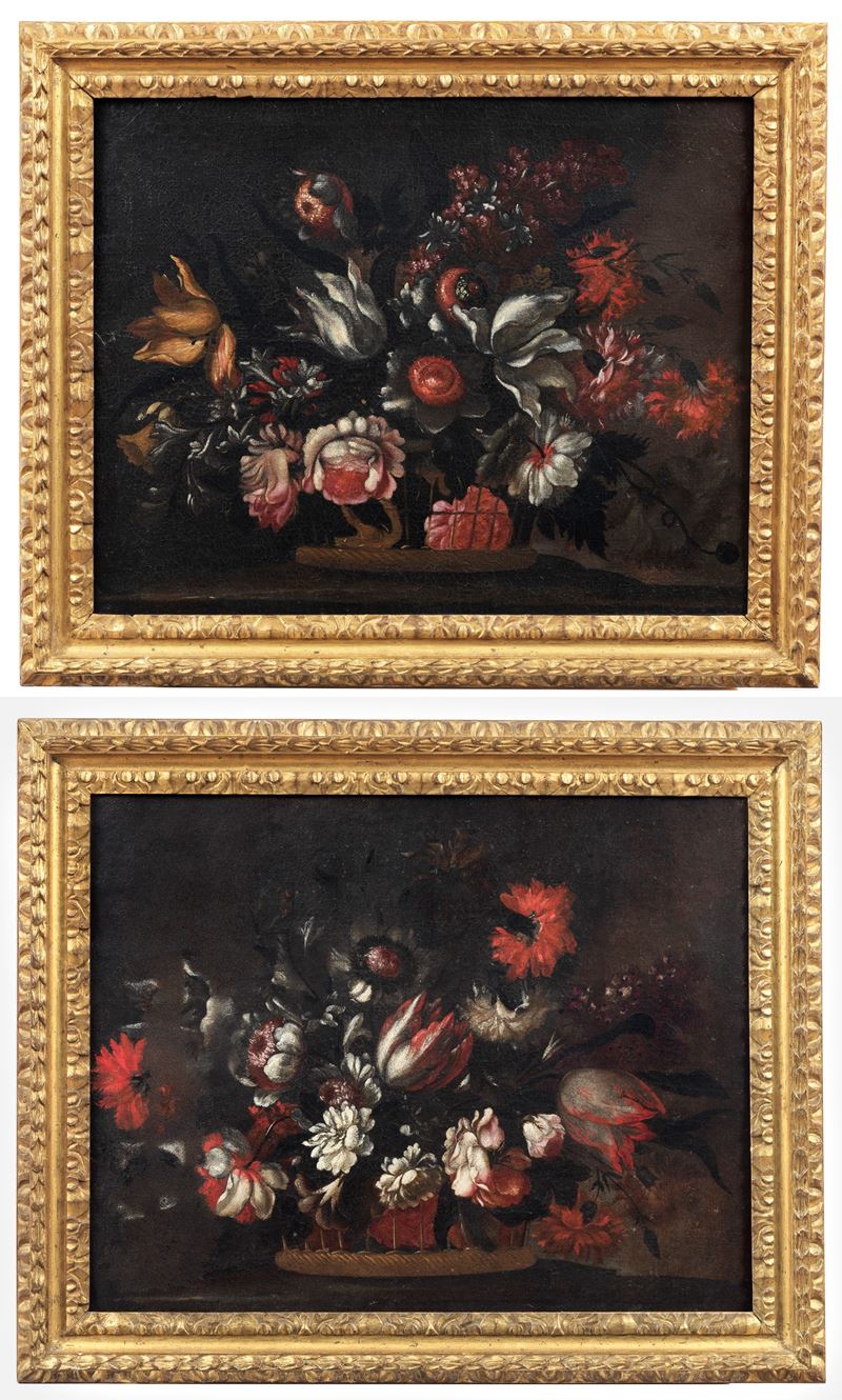 Bottega di. "Nature morte di fiori", coppia di dipinti ad olio su tela in cornici in legno dorato...