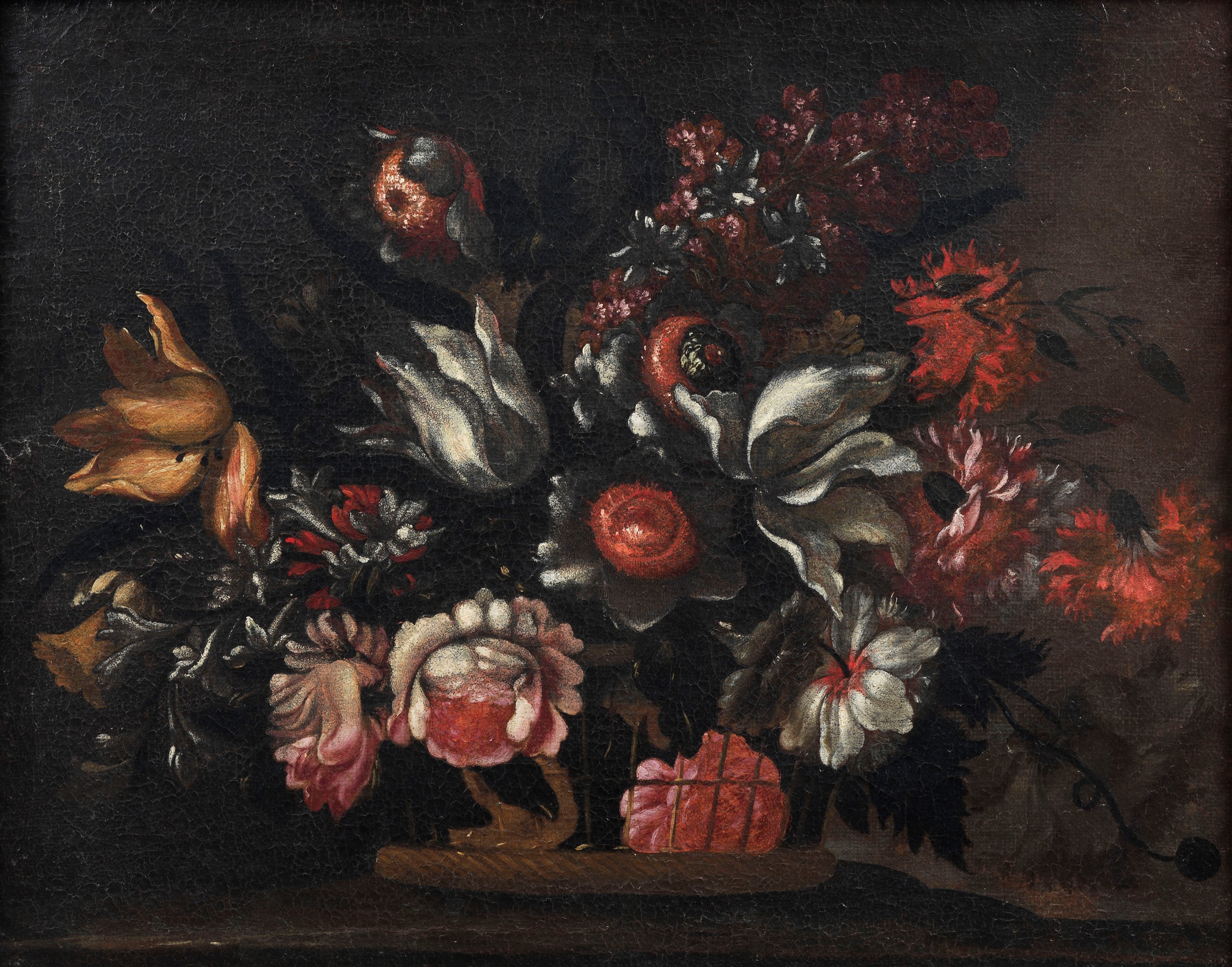 Bottega di. "Nature morte di fiori", coppia di dipinti ad olio su tela in cornici in legno dorato...