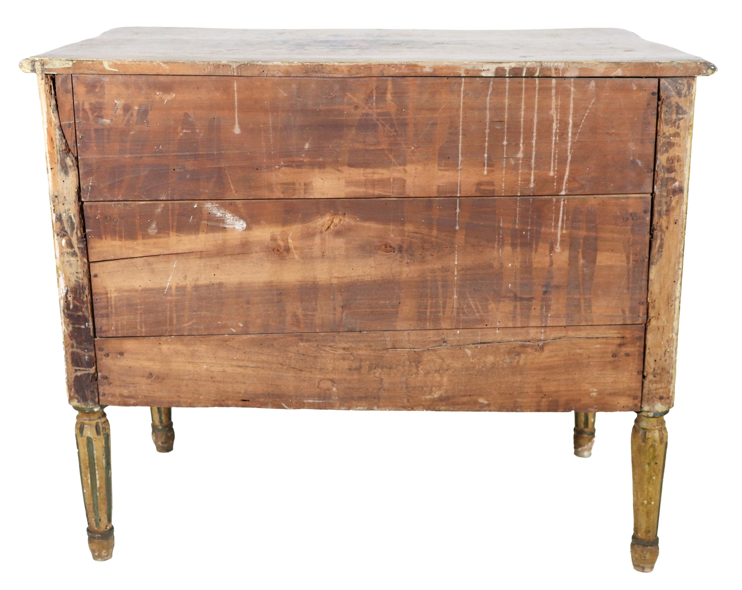 Antico comò marchigiano di linea Luigi XVI in legno laccato avorio, con decorazioni dipinte a mot...