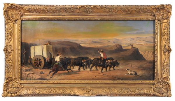 Pittore Romano XIX Secolo - Signed and dated Rome 1877. &quot;The transport of marble with the ox cart&quot;, large oil painting on canvas in a richly carved gilded wooden frame