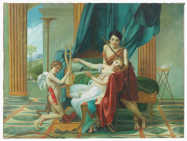 Scuola Francese Inizio XIX Secolo - &quot;Sappho and Phaon&quot;, large and bright oil painting on canvas