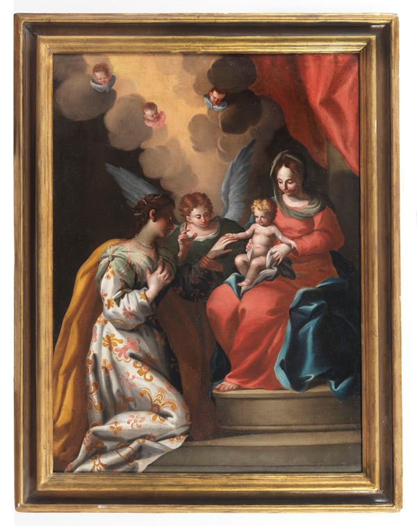 Scuola Emiliana Fine XVII Secolo - &quot;The Mystical Marriage of Saint Catherine of Alexandria&quot;, a bright oil painting on canvas in a gilded and ebonized frame 